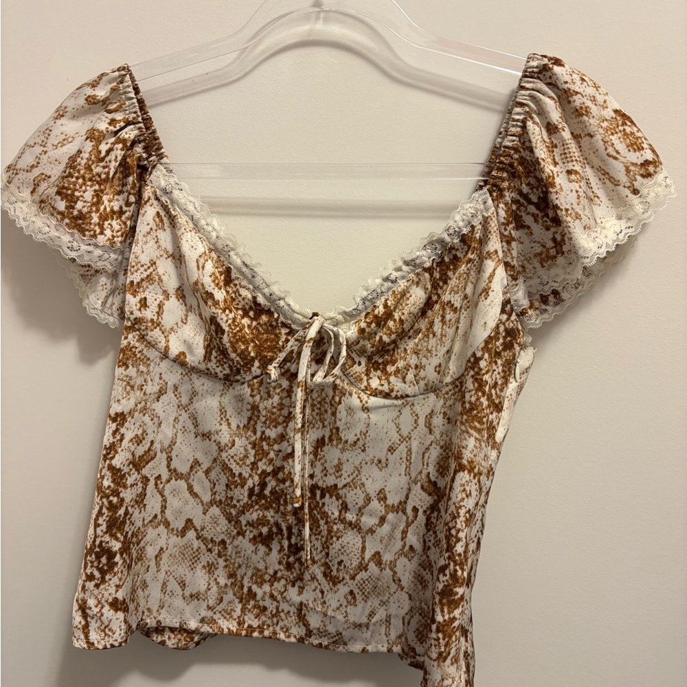 Wayf Brown and White Snake Print Blouse